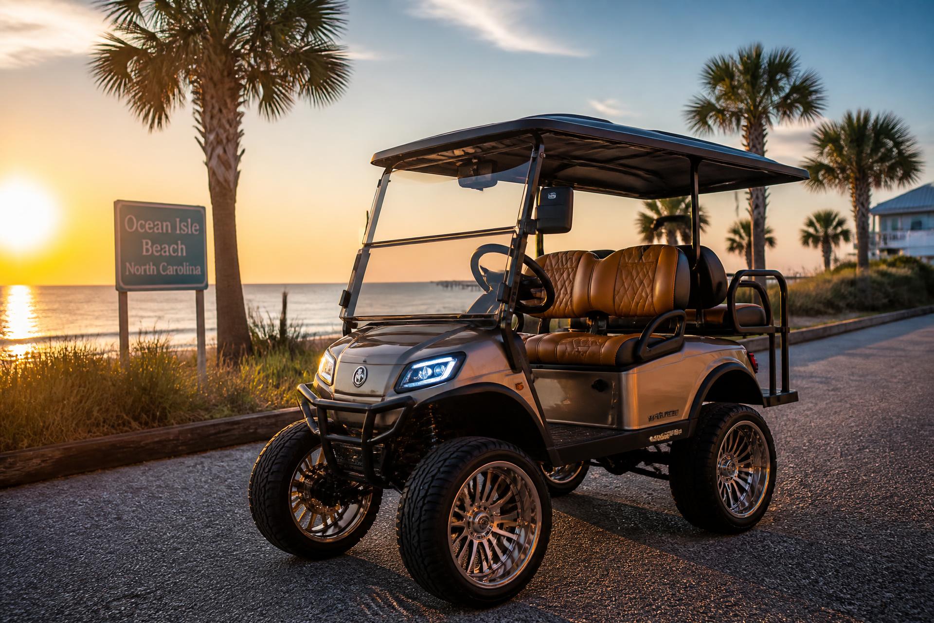 Family riding a rented golf cart along the coast in Calabash, NC